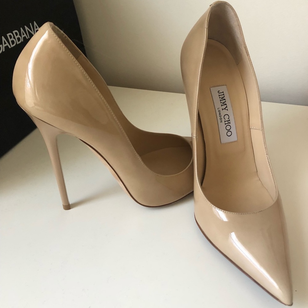 Jimmy Choo Beige Patent Leather Pointed-Toe Stiletto Pumps